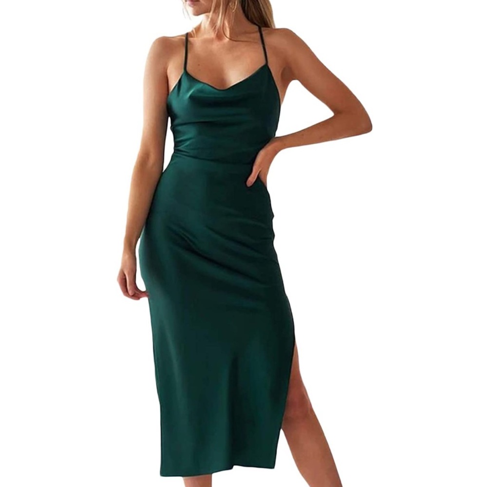 Spaghetti Strap Cowl Neck Satin Midi Dress